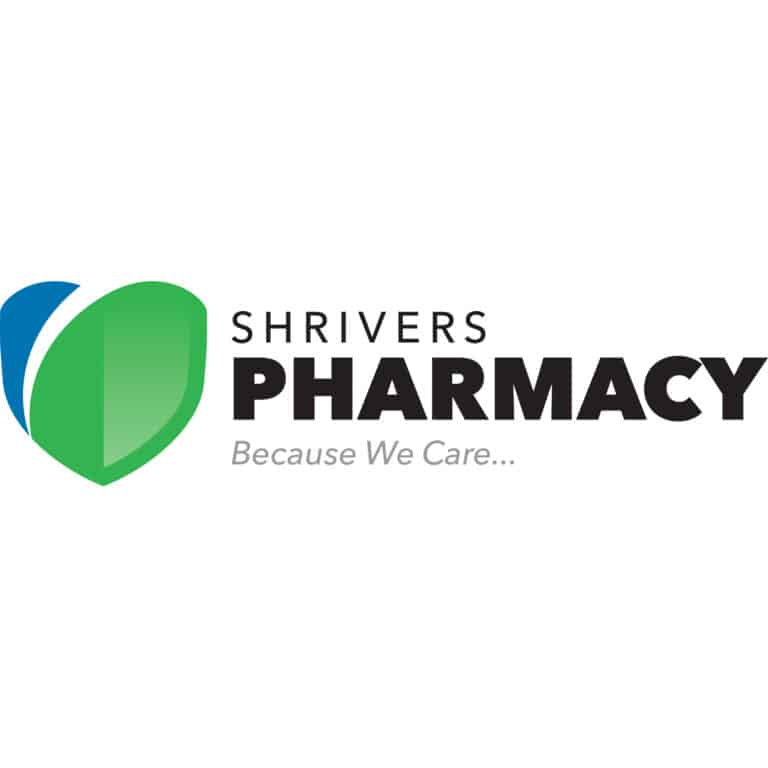 Shrivers Pharmacy logo with a green and blue shield emblem and the text 'SHRIVERS PHARMACY' plus the tagline 'Because We Care...'