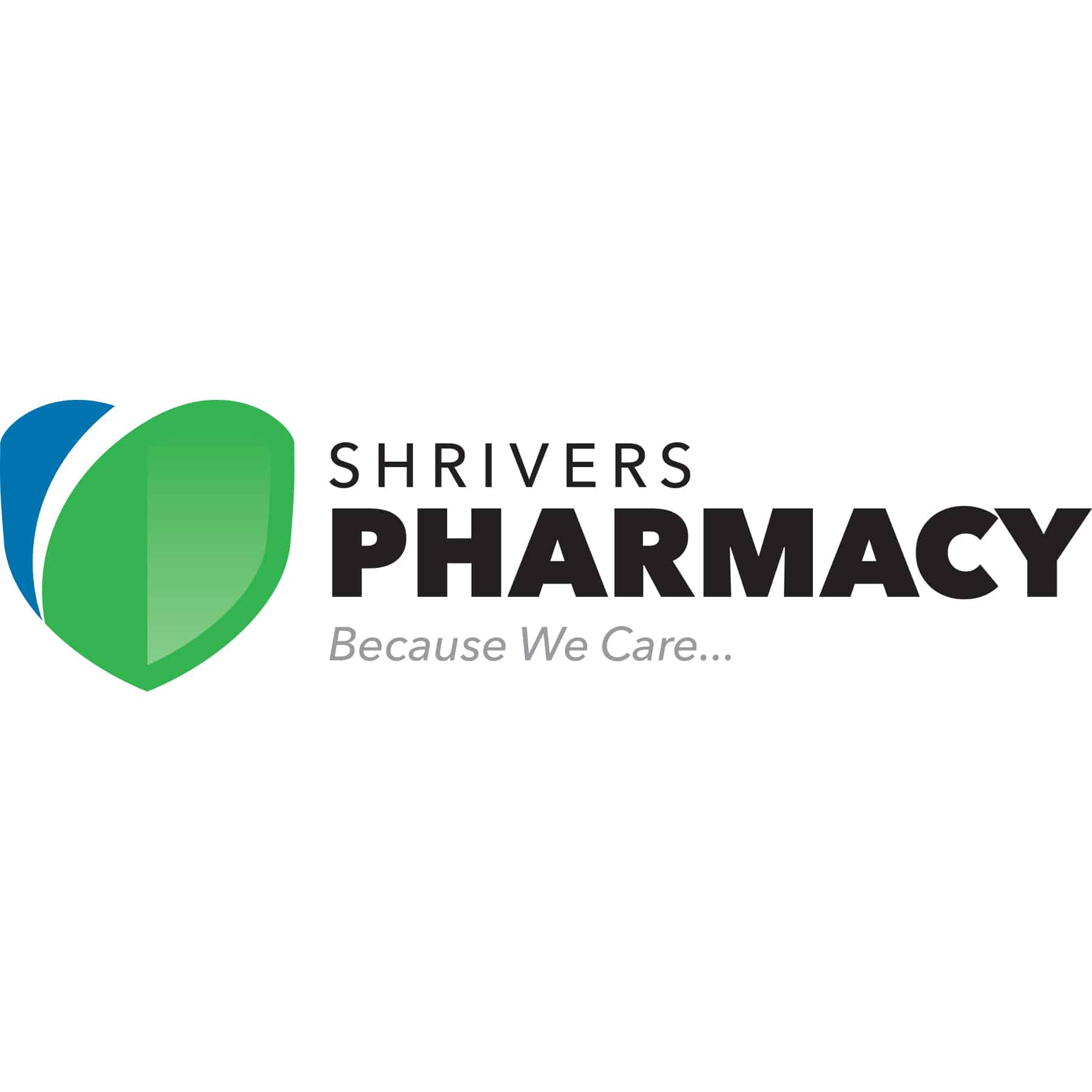Shrivers Pharmacy logo with blue and green leaf icon and the slogan ‘Because We Care…’ on white background