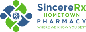 Logo for SincereRx Hometown Pharmacy with blue and green interlocking shapes and the slogan 'Where we know you best'.
