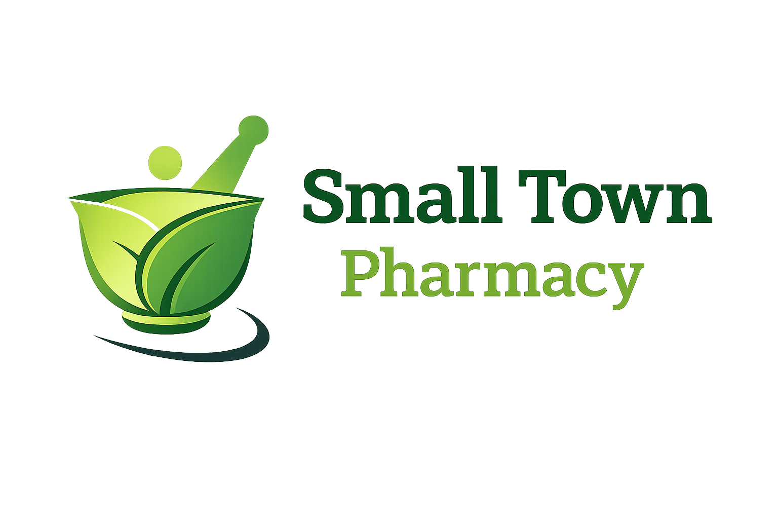 Logo for Small Town Pharmacy featuring a stylized green cup/leaf icon and the text 'Small Town Pharmacy'