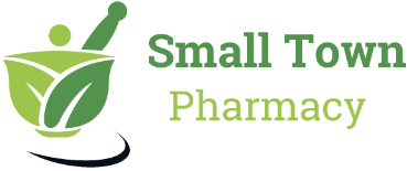 Logo for Small Town Pharmacy featuring a green abstract figure with a leaf and the text 'Small Town Pharmacy' in green.