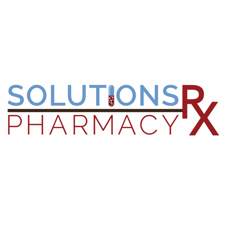 Solutions Pharmacy RX logo: blue SOLUTIONS text, red PHARMACY beneath a dark line, and a large red RX at right with a pill icon on the U.