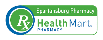 Logo for Spartansburg Pharmacy HealthMart Pharmacy featuring a blue circular ring around a green circle with a white RX, and the text 'Spartansburg Pharmacy' and 'HealthMart Pharmacy'