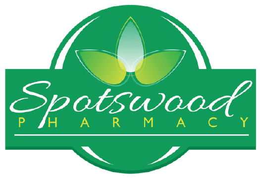 Spotswood Pharmacy logo: a green circular emblem with a two-tone leaf, a green banner reading 'Spotswood Pharmacy' in white cursive, and 'PHARMACY' in yellow letters.