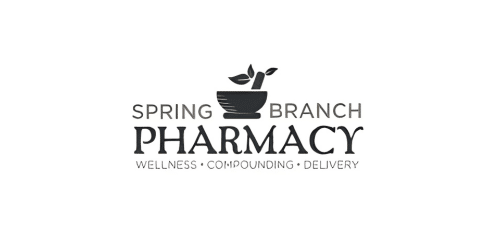 Spring Branch Pharmacy logo with a mortar and pestle icon and the words Wellness, Compounding, Delivery.