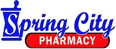 Spring City Pharmacy logo: blue script 'Spring City' with a mortar-and-pestle icon and a red pill-shaped badge reading 'PHARMACY'.