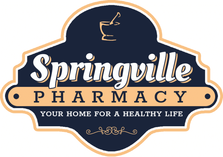 Springville Pharmacy logo: navy badge with peach banner reading 'PHARMACY' and the tagline 'Your home for a healthy life' with decorative flourishes and the word 'Springville' in script.