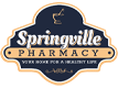 Springville Pharmacy logo badge in blue and beige with a mortar-and-pestle icon.