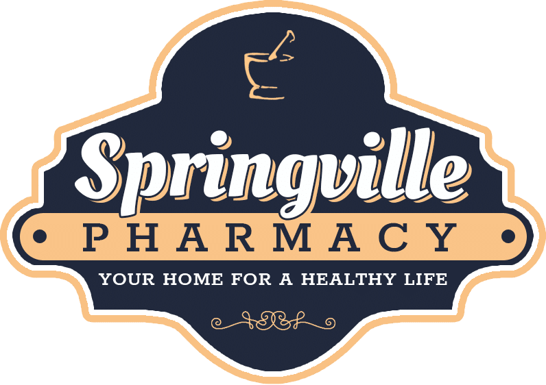 Springville Pharmacy logo in navy and peach with the slogan 
