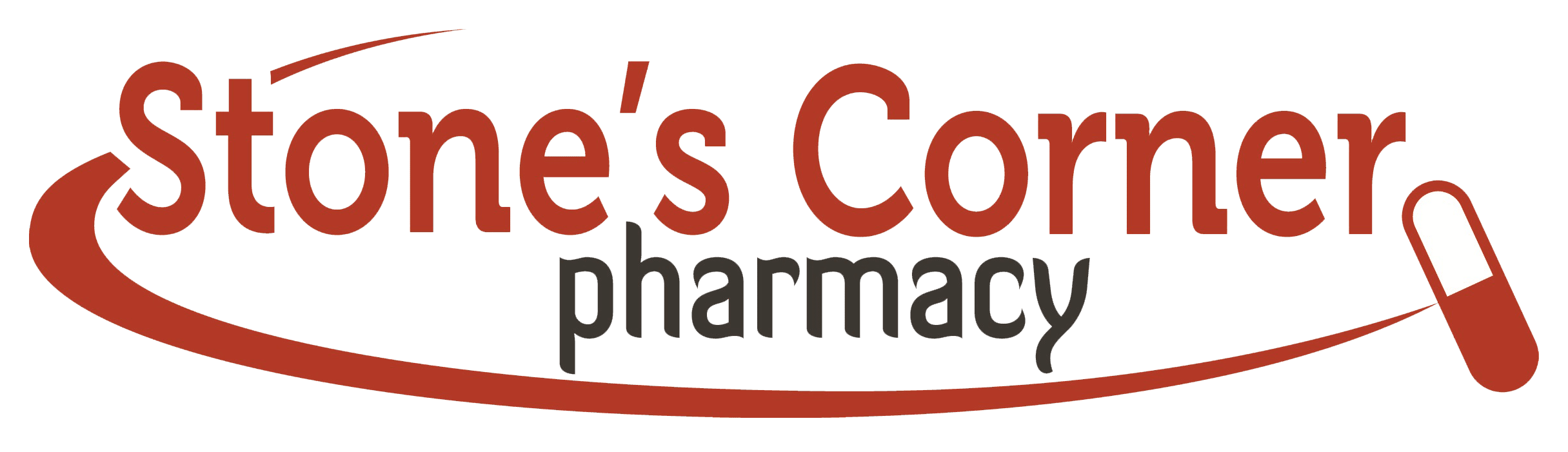 Stone's Corner Pharmacy logo featuring red 'Stone's Corner' text with gray 'pharmacy' beneath and a red curved swoosh ending in a capsule icon on the right.