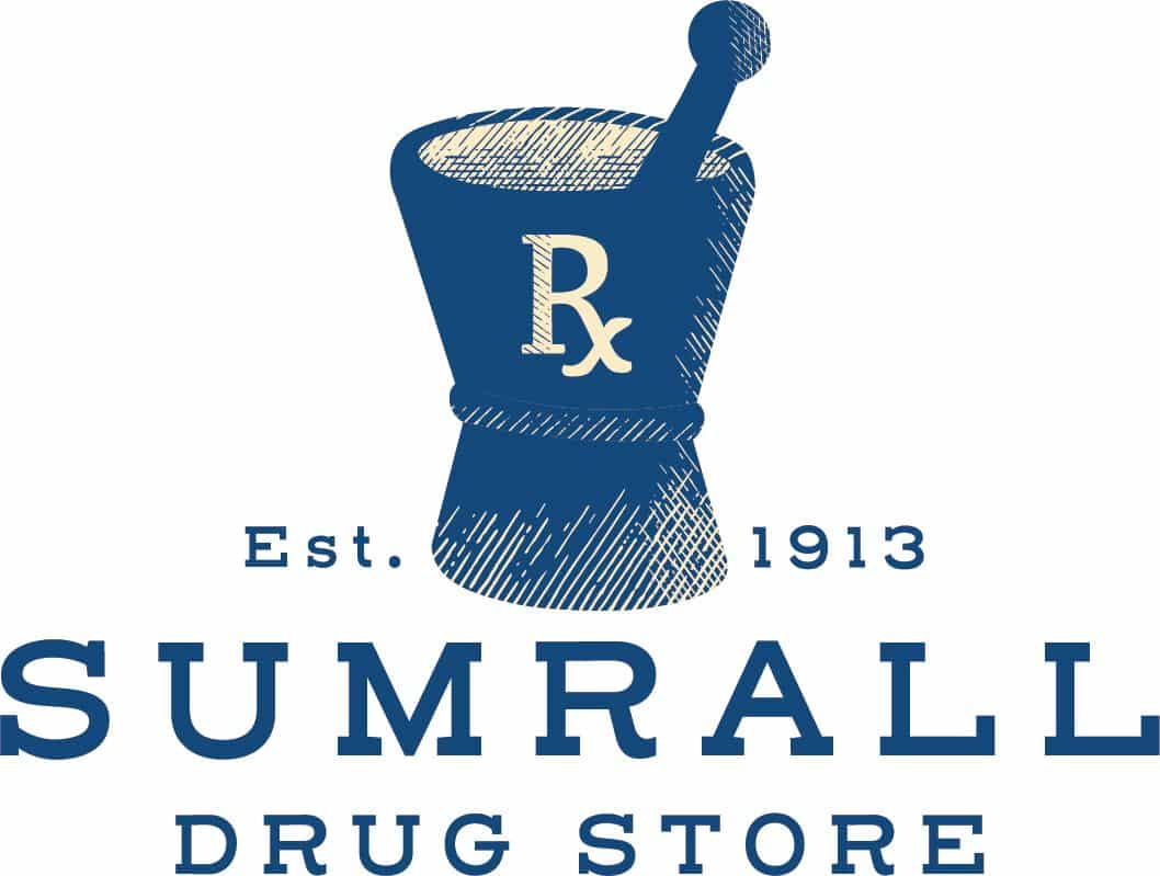 Logo for Sumrall Drug Store featuring a blue mortar and pestle with an Rx symbol, 'Est. 1913', and large 'SUMRALL DRUG STORE' text.