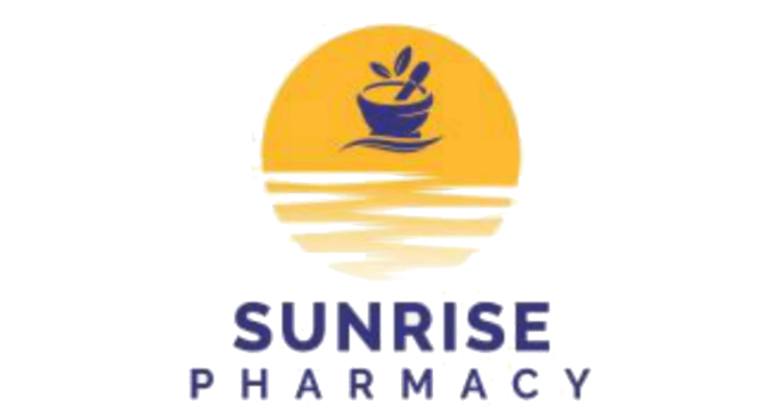 Sunrise Pharmacy logo with a yellow sun and mortar-and-pestle icon above the words SUNRISE PHARMACY.