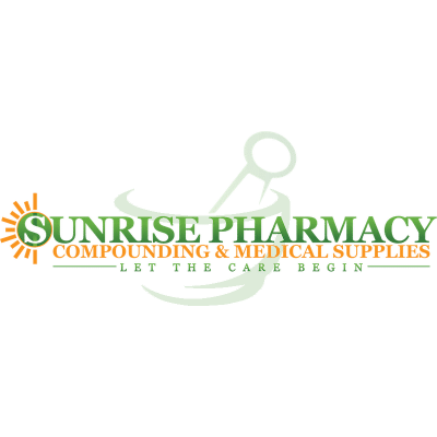 Sunrise Pharmacy logo featuring a sun icon on the left, green 'Sunrise Pharmacy' text with orange 'Compounding & Medical Supplies' subtitle and a white stethoscope graphic.