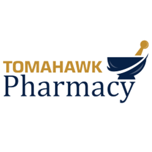 TOMAHAWK Pharmacy logo: gold 'TOMAHAWK' text above navy 'Pharmacy' with a stylized mortar and pestle icon.