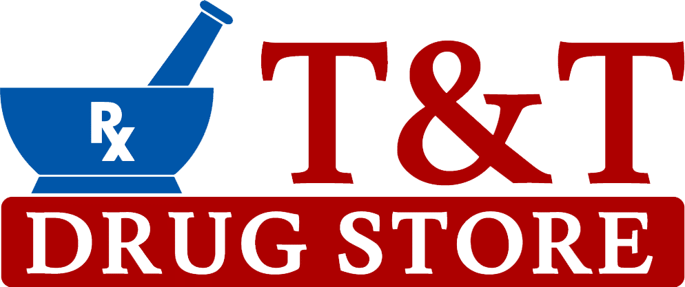 Logo for T&T Drug Store featuring a blue mortar and pestle with an Rx symbol and bold red 'T&T' with a red 'DRUG STORE' banner beneath.