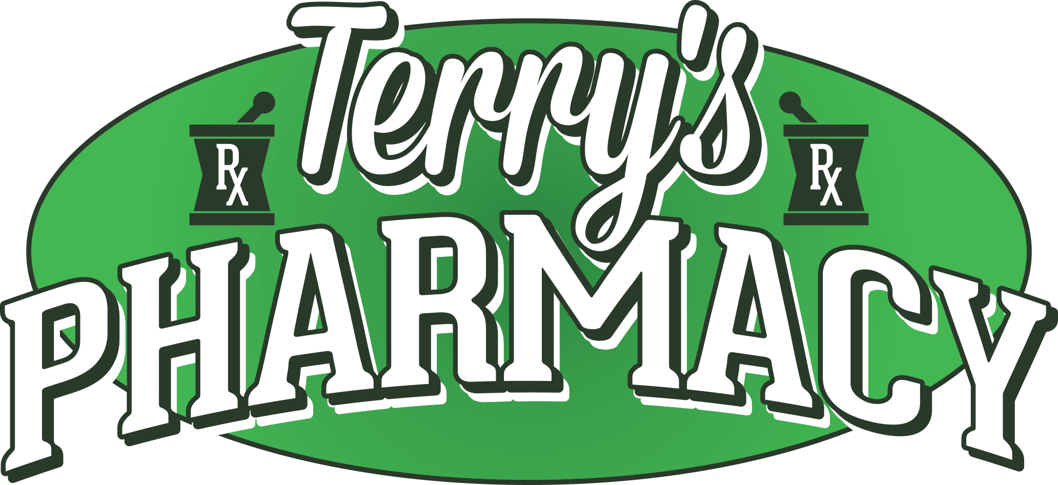 Logo for Tommy's Pharmacy: a green oval background with black script 'Tommy's' above bold 'PHARMACY' lettering and small Rx symbols on either side.