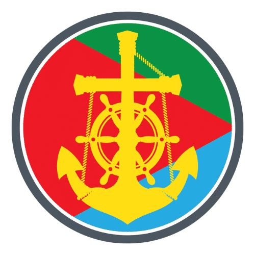 Circular nautical emblem with a yellow anchor and ship wheel over a tri‑colored green, red, and blue background.