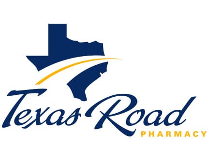 Texas Road Pharmacy logo: blue Texas outline with a gold swoosh and the words ‘Texas Road Pharmacy’ in blue and yellow.