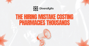 DiversifyRx logo above the bold orange headline 'The Hiring Mistake Costing Pharmacies Thousands' with a halftone megaphone on a white, crinkled background.