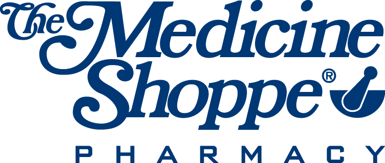 Blue The Medicine Shoppe Pharmacy logo featuring cursive text and a mortar-and-pestle symbol.