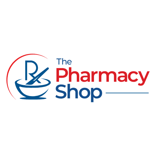 The Pharmacy Shop logo with a blue mortar and pestle icon and red 'Pharmacy' text next to blue 'Shop' text on a circular red arc.