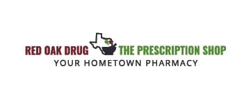 Logo for Red Oak Drug The Prescription Shop — Your Hometown Pharmacy, with a small Texas outline icon.
