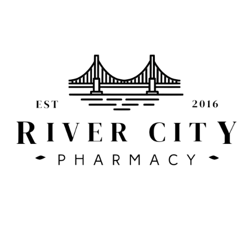 River City Pharmacy logo with a stylized bridge above the words 'Est 2016' and 'River City Pharmacy' in serif font.