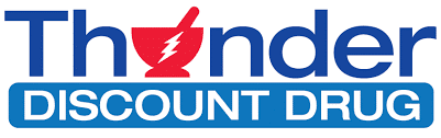 Thunder Discount Drug logo: blue wordmark with a red lightning bolt in the letter 'u' and a blue discount banner underneath