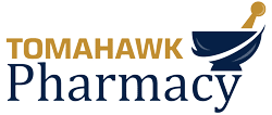 Tomahawk Pharmacy logo with orange 'TOMAHAWK' text and blue 'Pharmacy' text alongside a blue mortar and pestle icon.