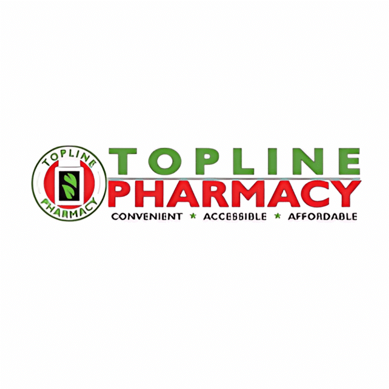 Topline Pharmacy logo with green 'TOPLINE' and red 'PHARMACY', circular seal with a leaf, and the slogan 'Convenient Accessible Affordable'.