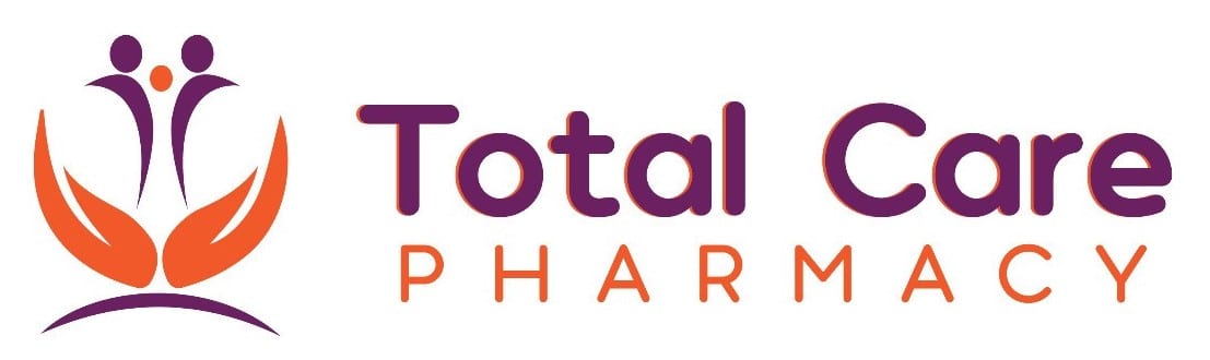 Logo for Total Care Pharmacy with purple 'Total Care' text and orange abstract figures resembling hands cradling two people.