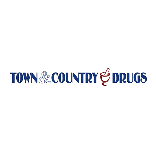 Town & Country Drugs logo on a white banner, featuring blue wordmark and a red mortar-and-pestle icon.