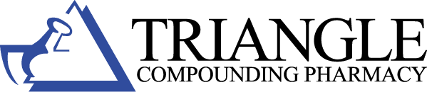 Triangle Compounding Pharmacy logo: blue triangle with a mortar and pestle on the left and the text 'TRIANGLE COMPOUNDING PHARMACY' to the right.