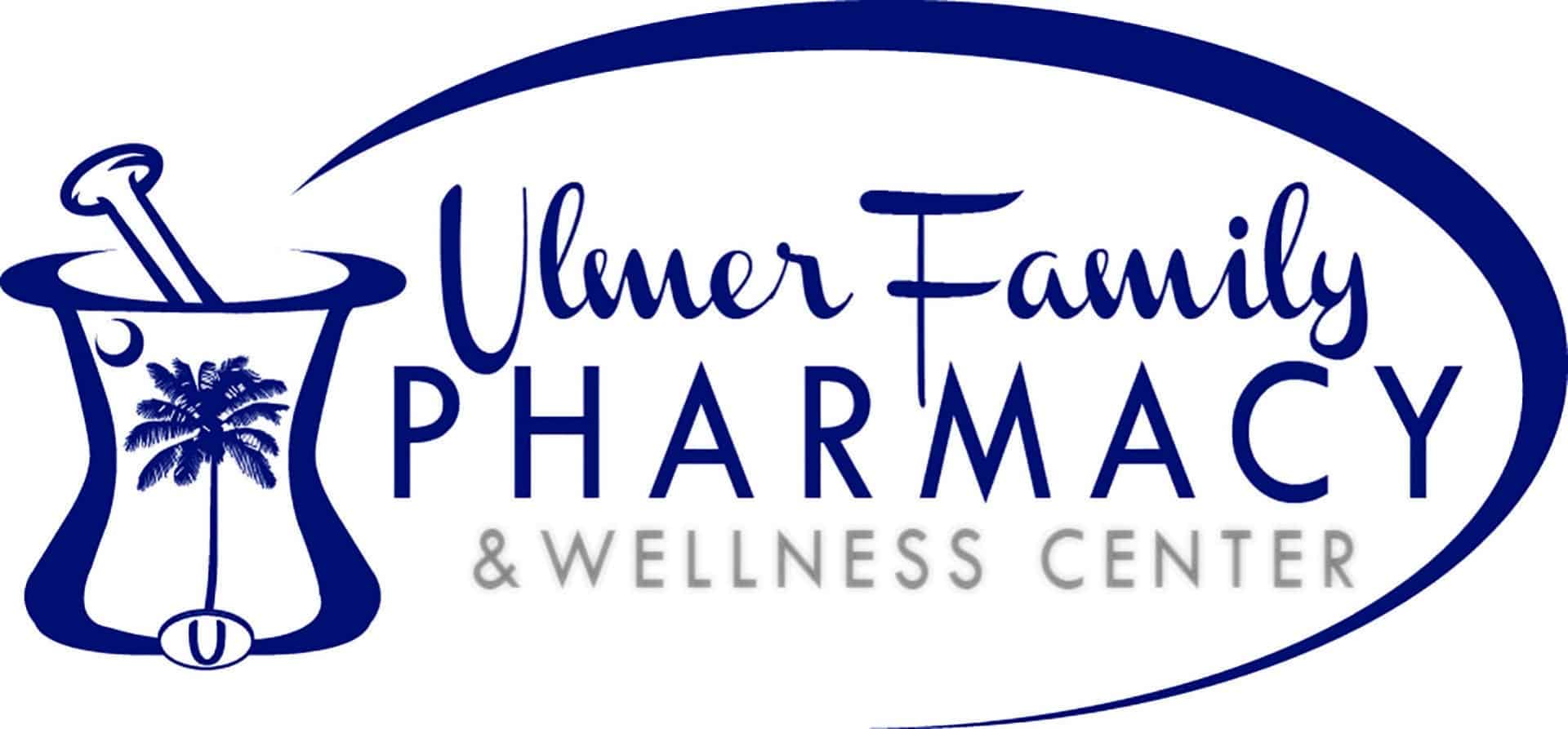 Umer Family Pharmacy & Wellness Center logo with a blue mortar and pestle, palm tree, and oval outline.