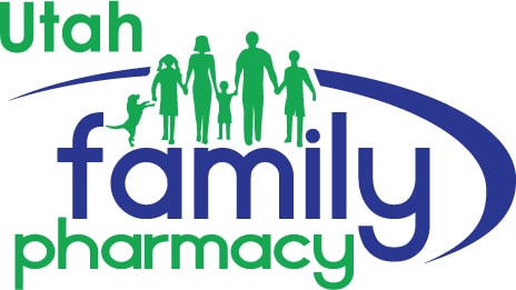 Utah Family Pharmacy logo: green 'Utah' and 'pharmacy', blue 'family' with a curved blue swoosh and green silhouetted family (and dog) holding hands.