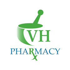 VH Pharmacy logo: a green mortar-and-pestle graphic with the letters 'VH' and the blue word 'PHARMACY' beneath.