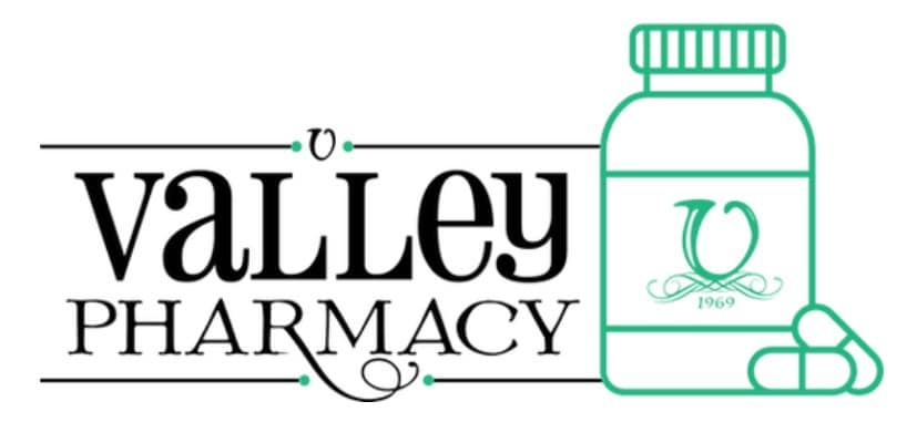 Valley Pharmacy logo with a black wordmark and a teal medicine bottle with two capsules on the right.