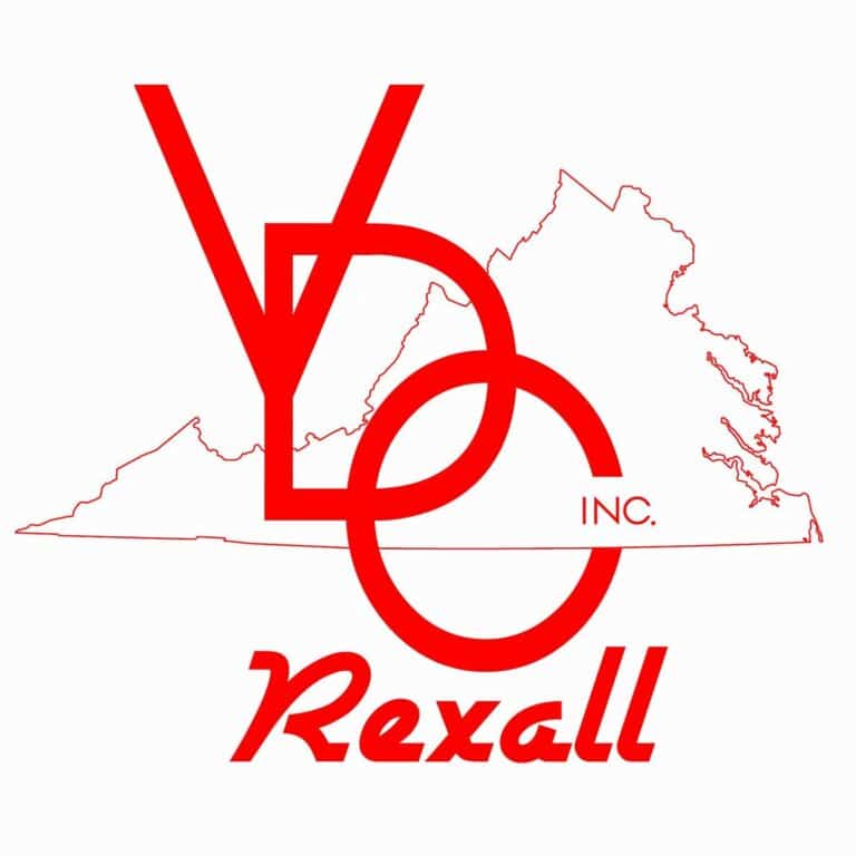 Red Rexall Inc. logo with overlapping V, B, O letters over a Virginia state outline.