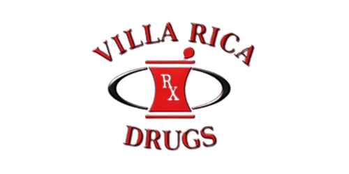 Villa Rica Drugs logo with a red mortar and pestle inside a black ring, and red curved text 'VILLA RICA' above and 'DRUGS' below.