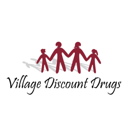 Logo for Village Discount Drugs featuring five maroon human figures holding hands above the store name in cursive text across a green background, with a white shadow beneath the figures.