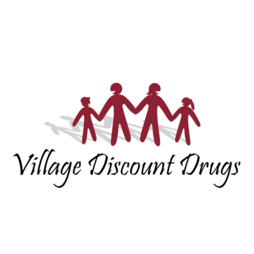Logo for Village Discount Drugs: four maroon family silhouettes holding hands above the 'Village Discount Drugs' text glyphs.