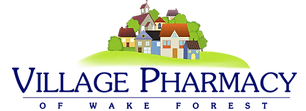 Village Pharmacy of Wake Forest logo with a colorful village illustration above the blue text.