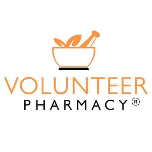Volunteer Pharmacy logo featuring an orange mortar and pestle with leaves and the text VOLUNTEER PHARMACY