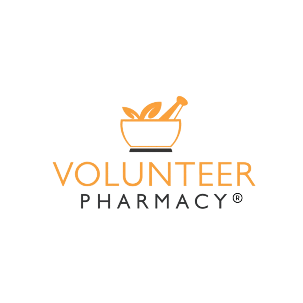 Volunteer Pharmacy logo featuring an orange mortar and pestle icon above the words VOLUNTEER PHARMACY on a green background.