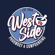 West Side Pharmacy & Compounding logo on navy background, featuring stylized 'West Side' text and an Rx symbol; EST 1953.