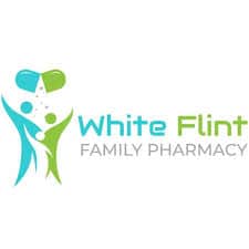 White Flint Family Pharmacy logo with abstract blue and green figures and a pill bottle