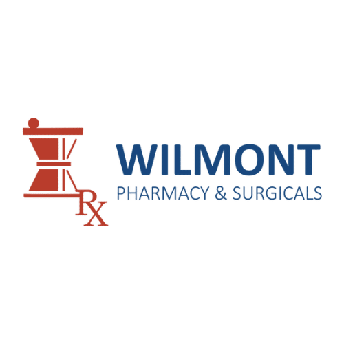 WILMONT PHARMACY & SURGICALS logo with a red mortar and pestle icon and blue wordmark
