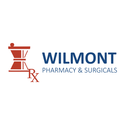 Logo for Wilmont Pharmacy & Surgicals: red mortar-and-pestle with an Rx symbol beside blue text reading 'WILMONT Pharmacy & Surgicals'.