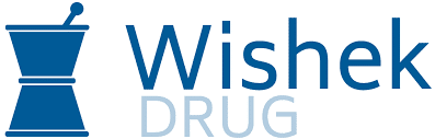 Wishek Drug logo with a blue mortar-and-pestle icon to the left and the words Wishek Drug in blue and light gray