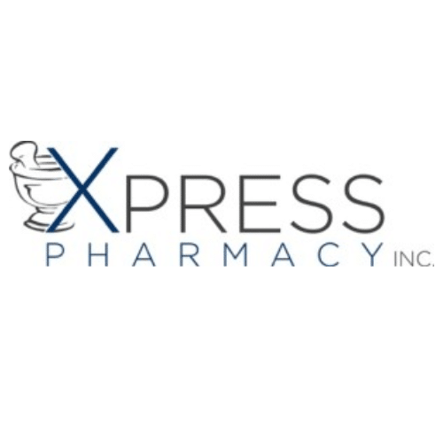 Xpress Pharmacy Inc. logo featuring a blue X formed by a mortar-and-pestle alongside the word XPRESS and 'PHARMACY INC.' in light blue letters.